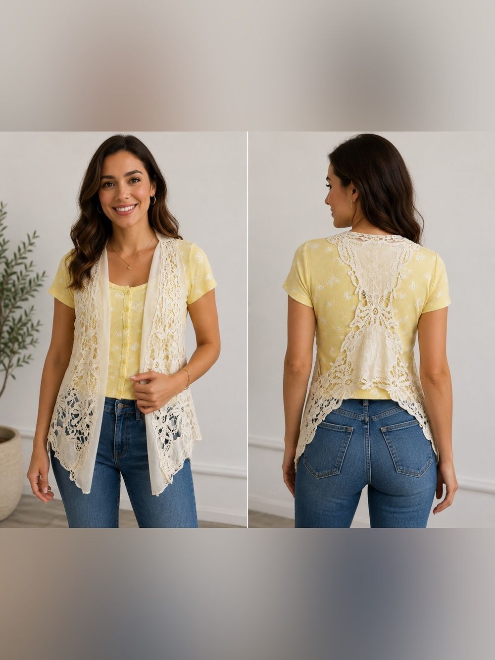 (A1)Mystrele Bohemian Style Sleeveless Ivory Vest with Crochet EmbroideryWomen S